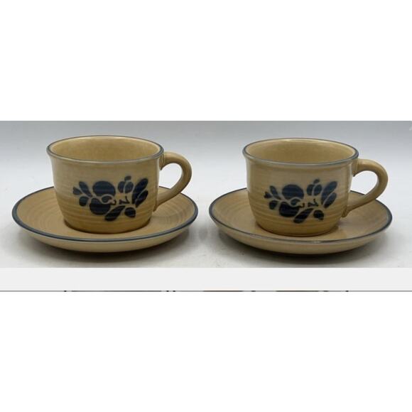 Pfaltzgraff Folk Art 8‑Pc Dinnerware Set Blue Floral Tan USA Stoneware VT - Picture 5 of 11